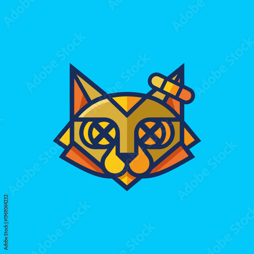 A unique geometric cat design with a bandage, featuring intricate details and vibrant colors, symbolizes healing, style, and playfulness, suitable for artistic themes and youth culture.