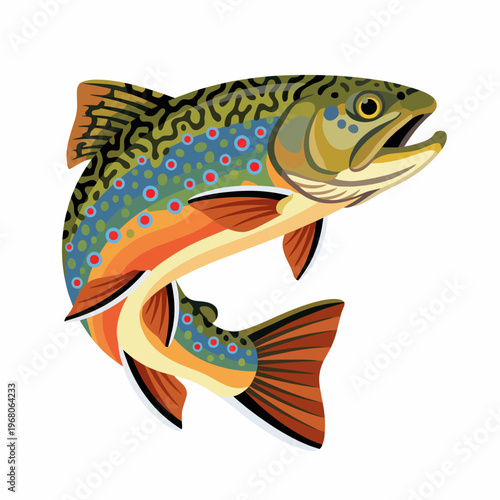 This image features a beautifully illustrated trout fish with vibrant colors and intricate patterns, showcasing its lively features in a playful artistic design.