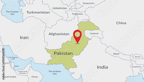 Pakistan location on the map with pin location marker4. Vector flat template.