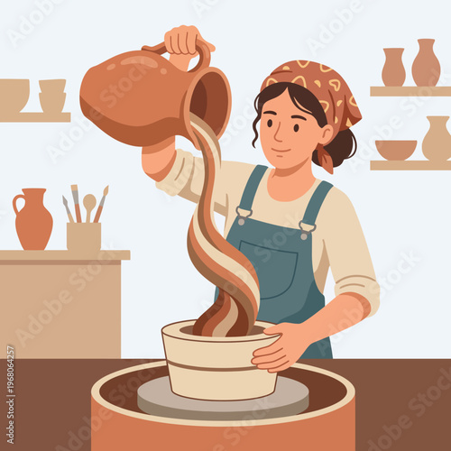 This image beautifully depicts a potter in the midst of creation, pouring clay into a pot, demonstrating the craftsmanship and artistry involved in pottery making.