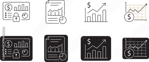 Financial analysis and business report icons set