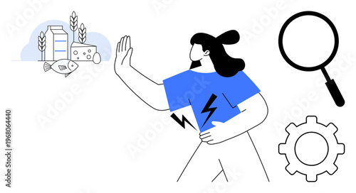 Food allergy. Individual avoiding allergenic foods thumbs up dairy, fish, and wheat. Food allergy solutions with analysis and prevention tools. For healthcare, nutrition, research, wellness