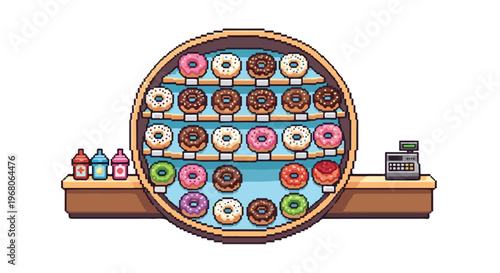 A charming pixel art scene featuring a circular shelf filled with diverse, colorful donuts, a cash register, and condiment bottles on a counter.