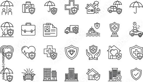 Comprehensive Collection of Insurance and Protection Line Icons Featuring Health Life Property Medical Car Travel Business and Financial Security Symbols for Professional Graphic Design