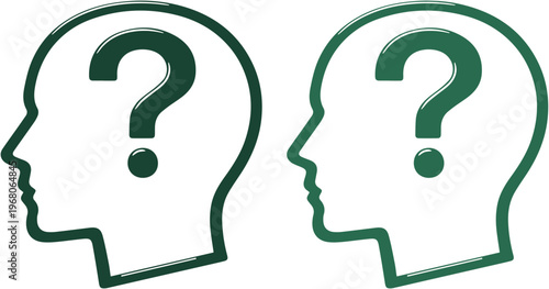 Question mark head silhouettes, two green outlined human profiles with question symbols, conceptual vector illustration for problem-solving and inquiry