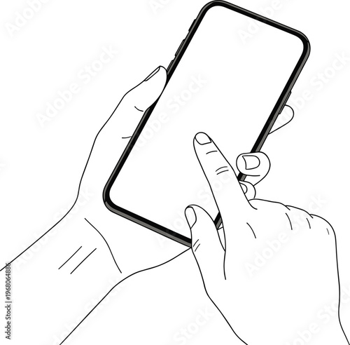 Line art drawing of human hands holding a smartphone with blank white screen for copy space while finger points to touch mobile interface display