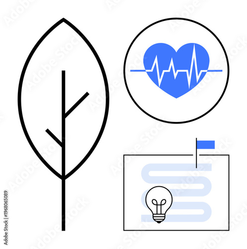 Health symbols. Health incorporating a heart rate monitor, a stylized leaf for eco-consciousness, and innovation hints thumbs up pathways and light bulbs. Health connects to nature and creativity