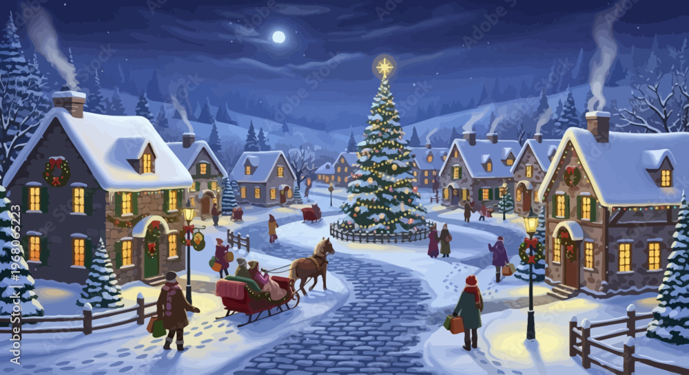 Fototapeta premium Winter Celebration, Christmas Village, Snowy Landscape, Illustration, Festive Environment, Night View, Joyful Concept