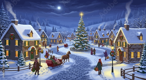 Winter Celebration, Christmas Village, Snowy Landscape, Illustration, Festive Environment, Night View, Joyful Concept