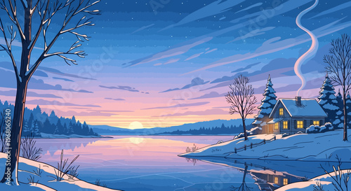 Winter Sunset Action at a Cozy Cabin by the Tranquil Lake in a Scenic Landscape Illustration