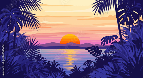 Sunset View Over Tropical Ocean Landscape, Tranquil Scene, Digital Illustration, Serene Environment