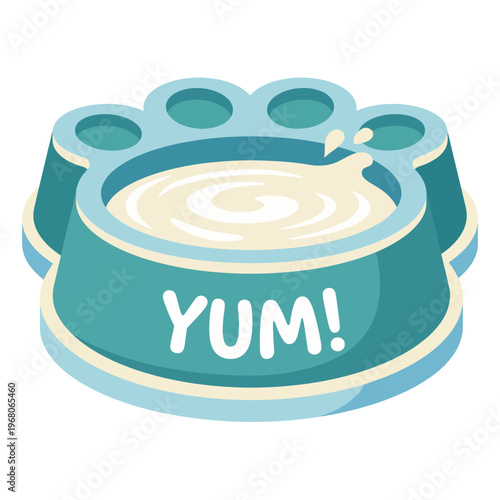 This fun and colorful illustration of a pet food bowl filled with milk evokes playfulness and joy associated with pet care and feeding moments.