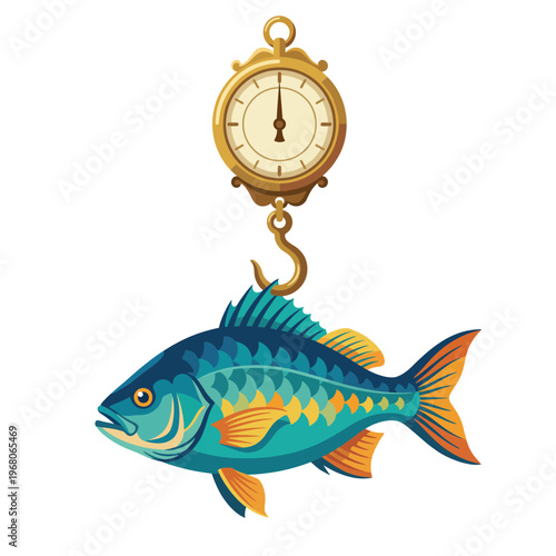 A colorful fish hanging from a vintage weight scale symbolizes the joy of fishing and the thrill of catching big game in an artistic, engaging way.