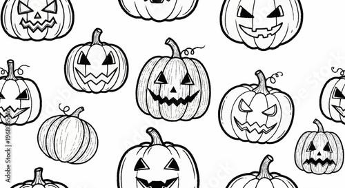 Black and white illustration of various carved Halloween pumpkins.
