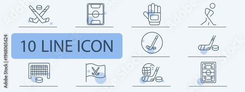 Hockey set icon. Sticks, puck, rink field, glove, player, crossed stick badge, goalie net, flag emblem, helmet cage, rink diagram. Ice sport equipment, competition play visuals.