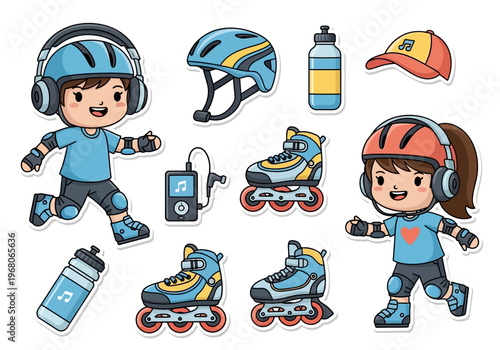 Roller Skating Sticker Set for Kids featuring Boy and Girl Characters with Inline Skates and Protective Safety Gear