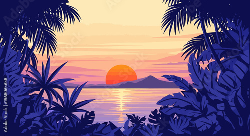 Tropical Landscape with Silhouetted Plants, Ocean View, Illustration, Calm Evening Vibes
