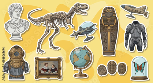 Museum Artifacts Display, Curated Collection, Modern Exhibition Space, Digital Illustration, Vibrant Environment, Bird's Eye View, Cultural Heritage