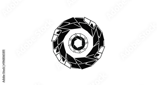 Geometric abstract circular pattern composed of sharp, angular black shapes resembles a mechanical aperture or iris.
