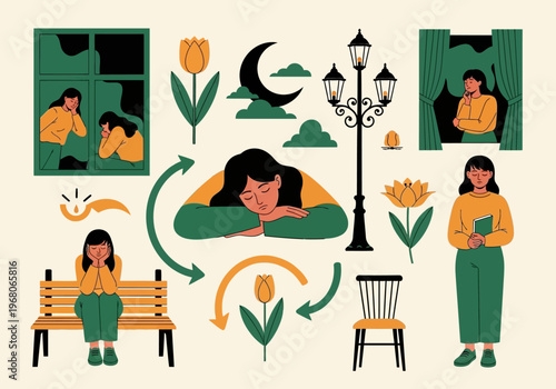 Sad Woman Mental Health Illustration Set - Depressed Girl Feeling Lonely and Melancholy Concepts for Emotional Well-being and Psychology Flat Vector Graphics