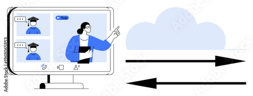 Online learning, remote meetings, file sharing, digital education, cloud storage, communication tools. Display shows online educators and arrows pointing towards a cloud. Online learning