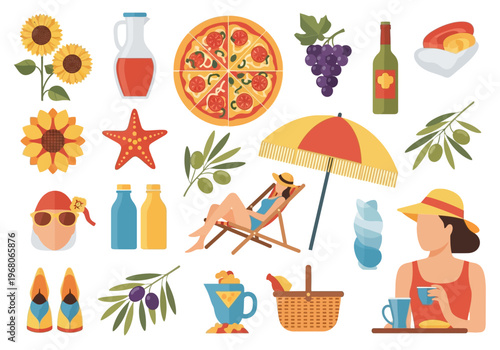 Mediterranean Summer Lifestyle Illustration Set featuring Picnic Food, Pizza, Wine, Sunflowers, Beach Accessories, and People Relaxing in Flat Design