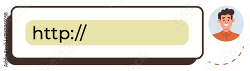 Online identity, user accounts, web navigation, website interaction, digital communication, user authentication. Input field with text http and a user avatar. Online identity and user accounts