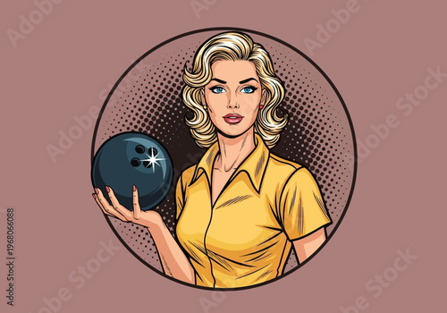 Retro Pop Art Illustration of a Beautiful Blonde Woman Holding a Bowling Ball, Vintage Comic Book Style Graphic with Halftone Background
