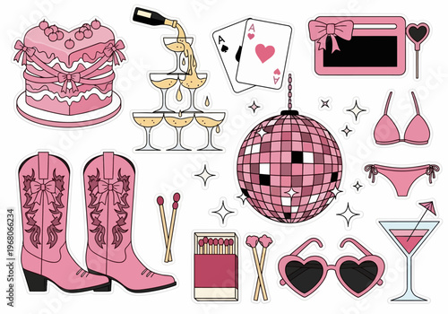 Pink Bachelorette Party Sticker Set with Cowboy Boots, Disco Ball, Heart Cake, and Champagne. Retro Y2K Coquette Aesthetic Illustrations for Bridal Shower or Girls Trip Decor.
