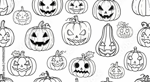 Black and white illustration of various carved Halloween pumpkins and gourds.