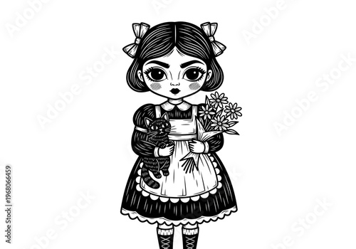Gothic Girl Illustration with Black Cat and Flowers in Woodcut Style, Spooky Vintage Child Character for Halloween and Dark Aesthetic Decor