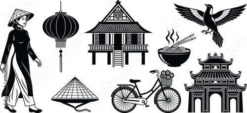 Vector Silhouette Collection of Vietnamese Cultural Icons Featuring Woman in Ao Dai, Conical Hat, Traditional Temple, Lantern, Pho Noodle Bowl, Bird, and Bicycle