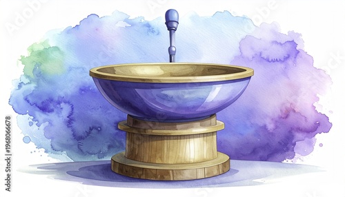 Abstract watercolor of a bowl with a tap over colorful background.