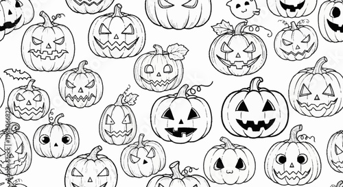 Black and white illustration of various carved Halloween pumpkins.