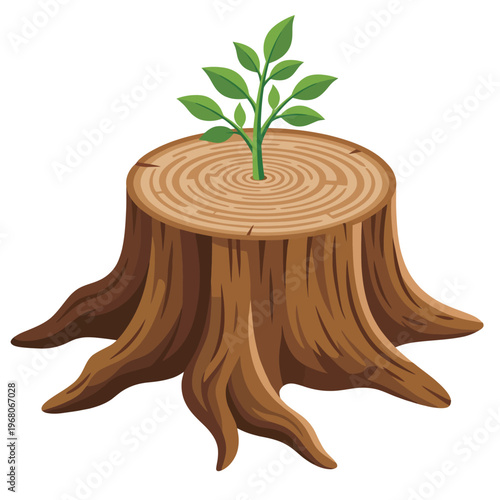 This sturdy tree stump showcases new life as a fresh green plant sprouts from its center, symbolizing resilience and renewal in nature's cycle.