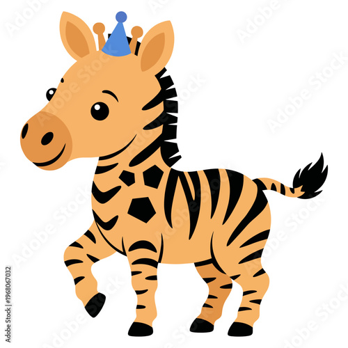This playful cartoon zebra, adorned with a birthday hat, embodies joy and celebration, perfect for children's themes or festive illustrations.