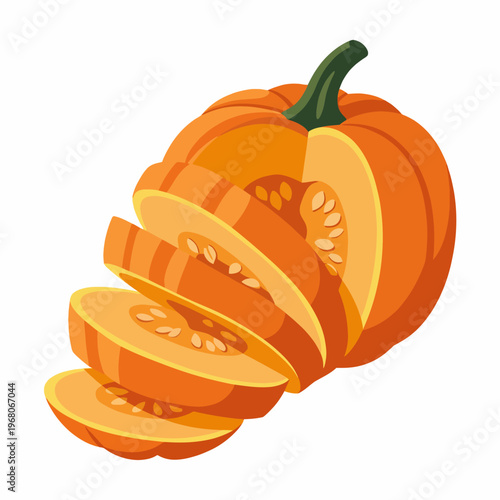 This image showcases a freshly sliced orange pumpkin with vibrant details, highlighting the rich texture and color, perfect for autumn and seasonal themes.