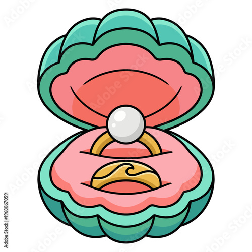 A whimsical illustration of a clam shell opened to reveal an elegant pearl ring, symbolizing love, commitment, and the beauty of special moments in life.