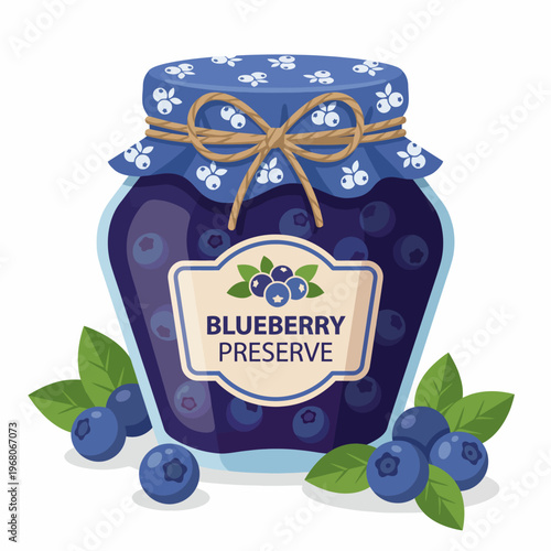 An appealing jar filled with blueberry preserve, adorned with a cute lid design, symbolizing homemade delights and the joy of preserving nature's flavors.