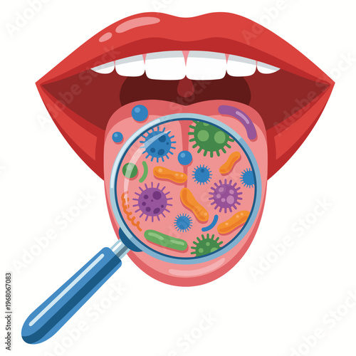 A creative illustration showcasing a mouth with a magnifying glass focused on colorful bacteria, highlighting the importance of oral health and hygiene in an engaging way.