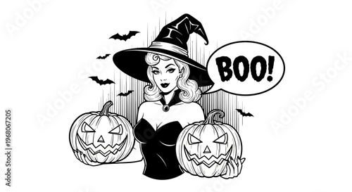 Vintage Pin-up Witch with Jack-o'-Lanterns and Boo Speech Bubble - Halloween Line Art Illustration