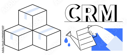 Business processes, customer relationship management, logistics, marketing, growth, teamwork. Stacked boxes and a hand watering. Customer relationship management and logistics concepts