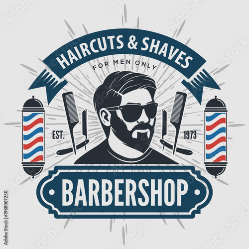 Barbershop logo, poster or banner design concept with barber pole and bearded men. Vector illustration