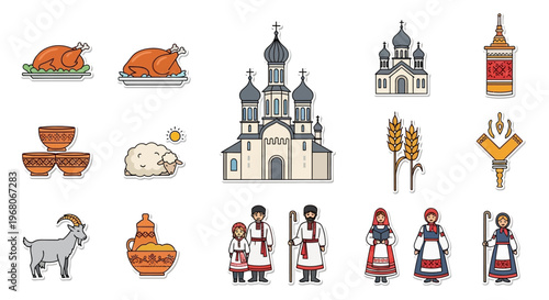 Eastern European Folk Traditions and Orthodox Christian Culture Sticker Icon Set Vector
