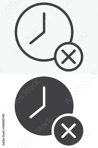 Clock Cancel icon in line, outline and solid style. Editable stroke vector sign and symbol set for time use, with clock cancel icon in simple versions.