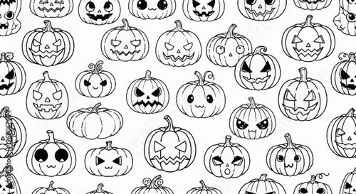Black and white illustration of various carved jack-o-lanterns for Halloween.