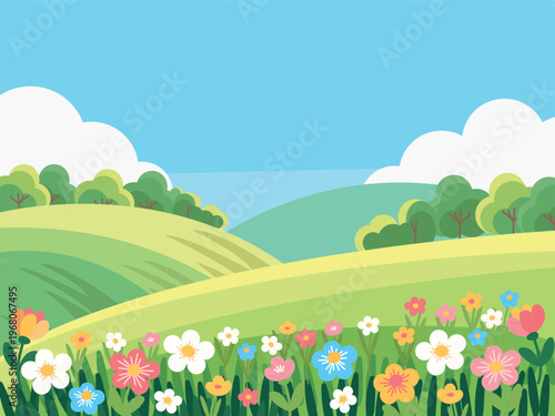 Landscape panorama. Nature, a field in the distance, plants and flowers in the foreground, and a cloudy sky. Vector illustration.