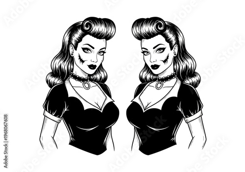Gothic Retro Twin Pin-up Girls Illustration - Black and White Rockabilly Horror Art with Victory Rolls and Chokers