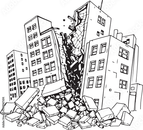 Collapsing City Building during Earthquake (Natural Disaster) Hand-drawn Sketch Drawing Vector Illustration, Line Linear Symbol Black and White Engraving, Isolated
