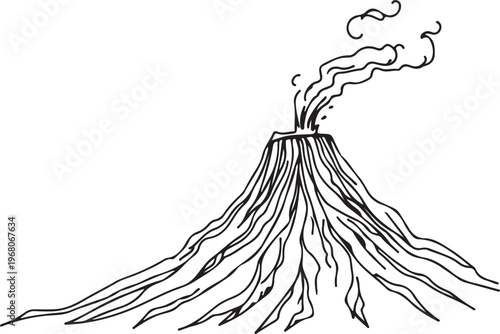 Erupting Volcano with Smoke and Lava Hand-drawn Sketch Drawing Vector Illustration, Line Linear Symbol Black and White Engraving, Isolated